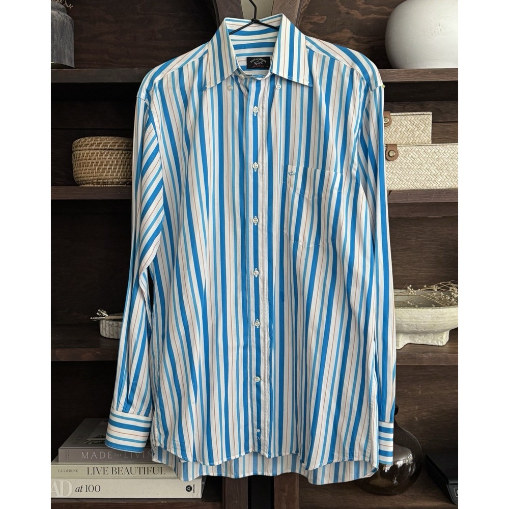 Paul & Shark Yachting Men's M 39 Blue Orange Stripe Long Sleeve Shirt Made Italy